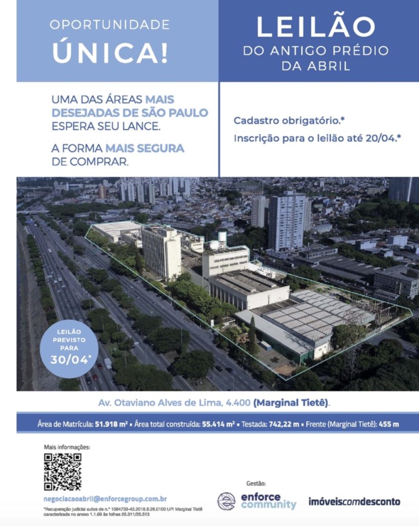 Anúncio de página inteira sobre leilão da sede da Abril foi publicado na revista Veja