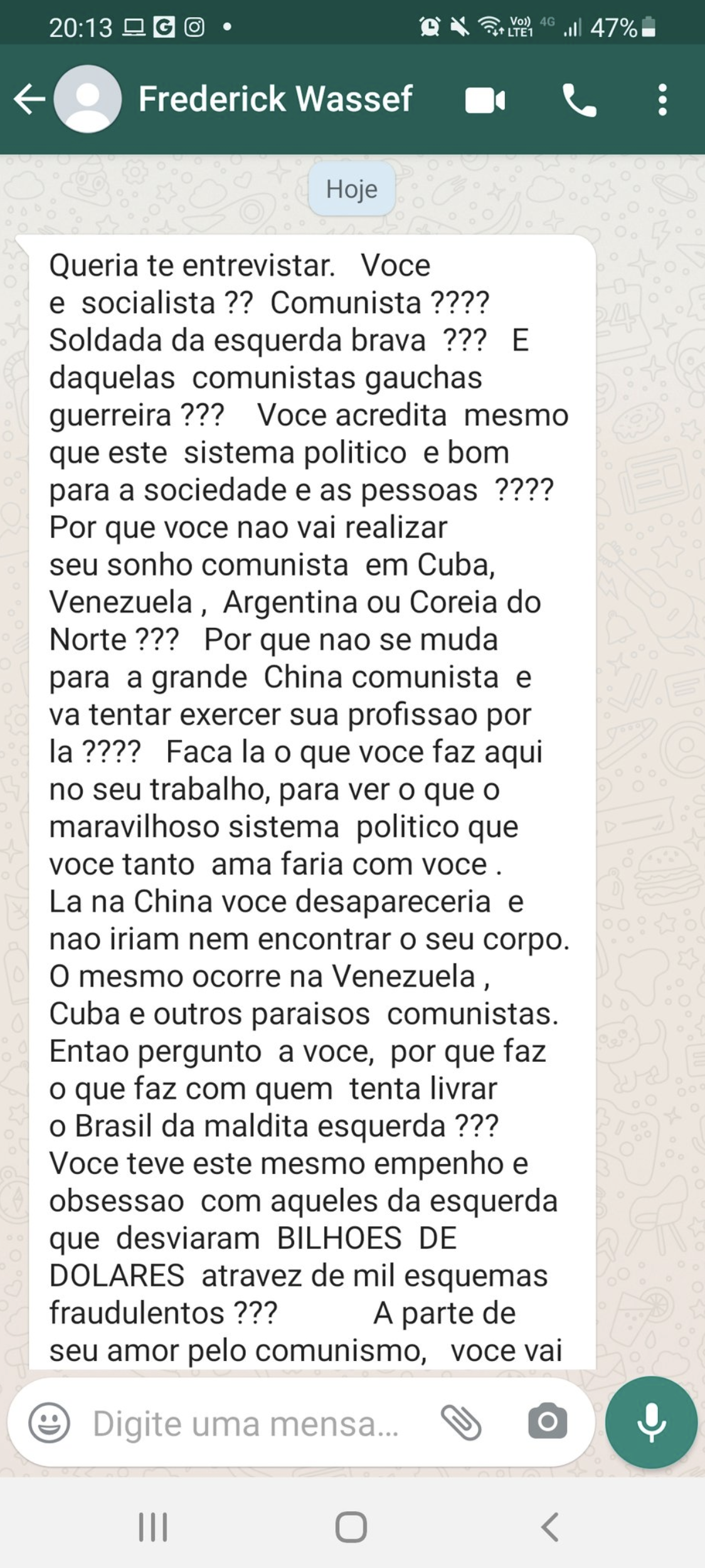 Advogado da família Bolsonaro, Frederick Wassef enviou mensagem via whatsapp atacando a jornalista Juliana Dal Piva